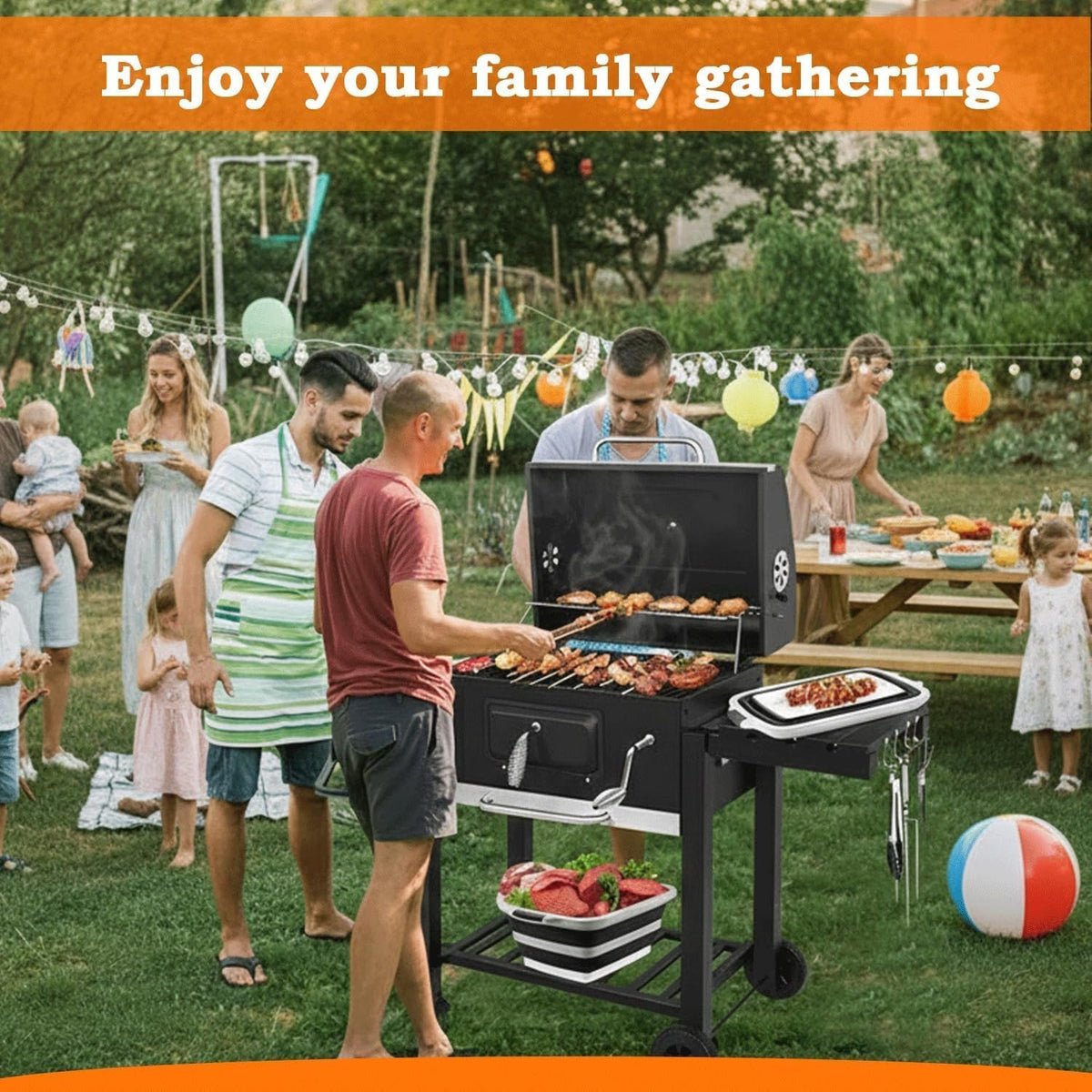 BBQ Prep Tub with Locking Lid, 2 Meat Shredder Claws Collapsible Cutting Board with 3 Adjustable Heights. BBQ Prep Tub & Resting Bag, Multifunction Basin for Kitchen, Grilling, Camping & Picnics.