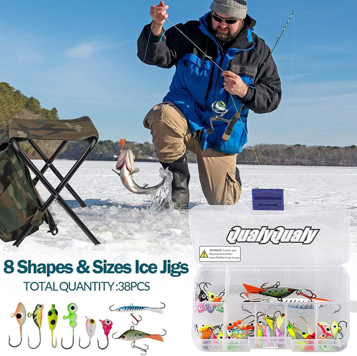 Complete Ice Fishing Rod and Reel Combo Set with Backpack, Seat, Ice Cleats, Jigs, and Line - Available in 24" and 26