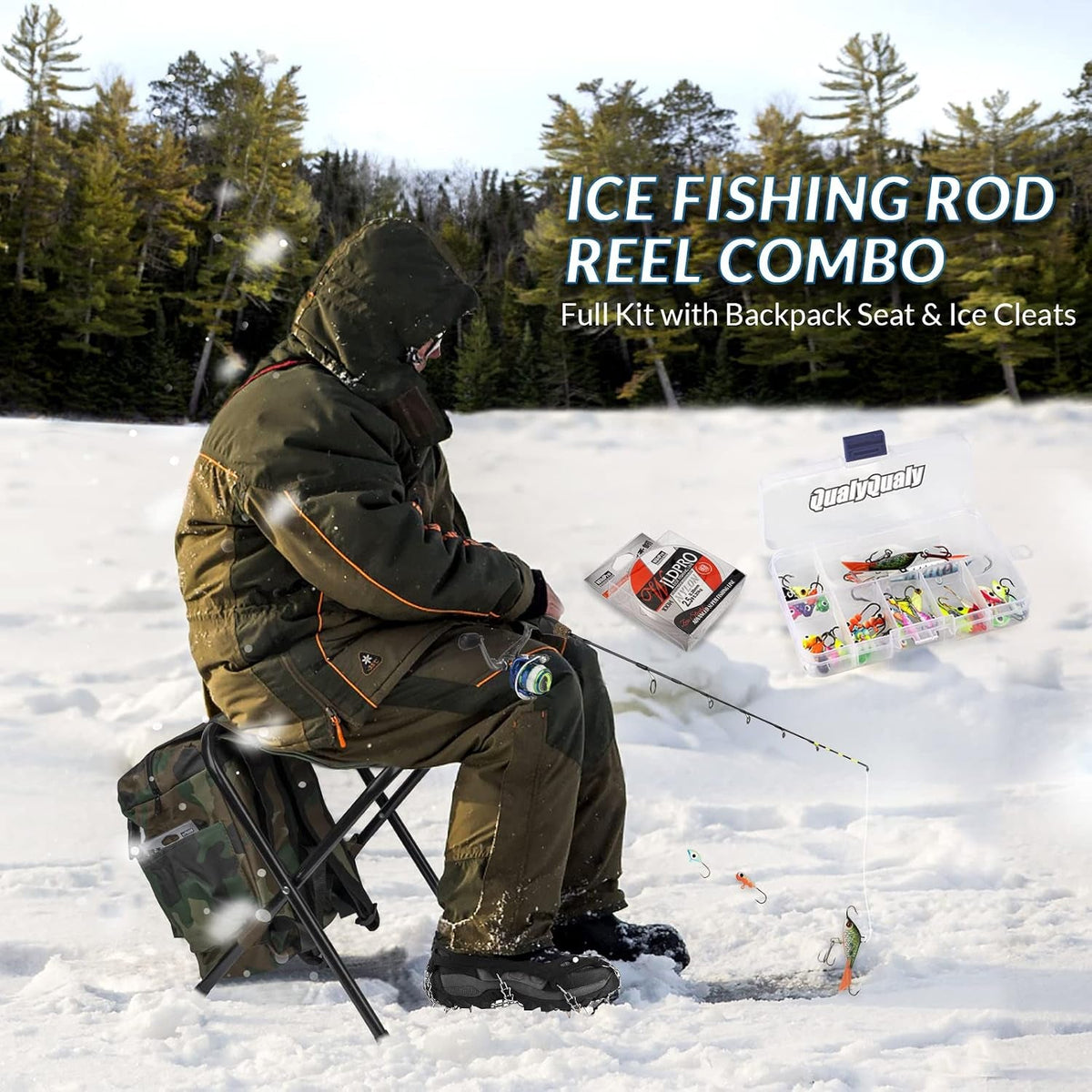 Complete Ice Fishing Rod and Reel Combo Set with Backpack, Seat, Ice Cleats, Jigs, and Line - Available in 24" and 26