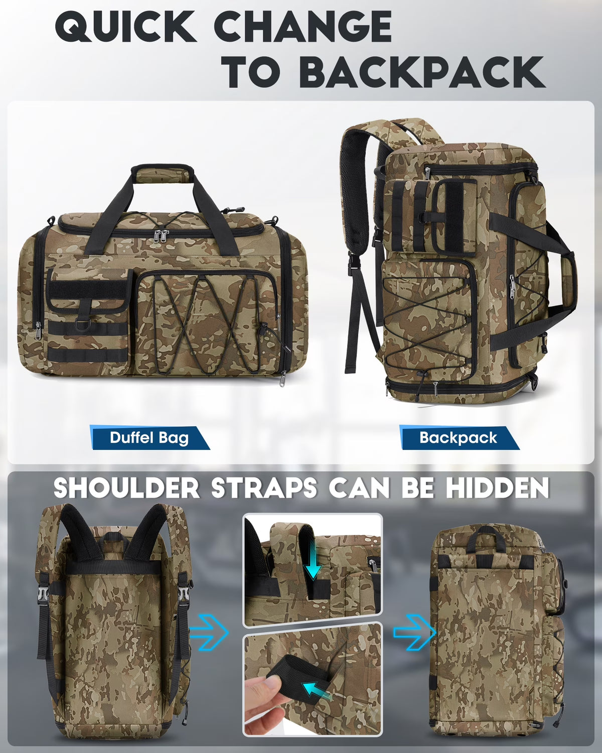 Gym Bag for Men 45L Sports Duffel Bags 3-In-1 Travel Duffel Bag with Shoe Compartment,Gym Workout Backpack Weekender Bag Overnight Bag for Travel, Khaki