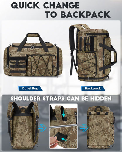 Gym Bag for Men 45L Sports Duffel Bags 3-In-1 Travel Duffel Bag with Shoe Compartment,Gym Workout Backpack Weekender Bag Overnight Bag for Travel, Khaki