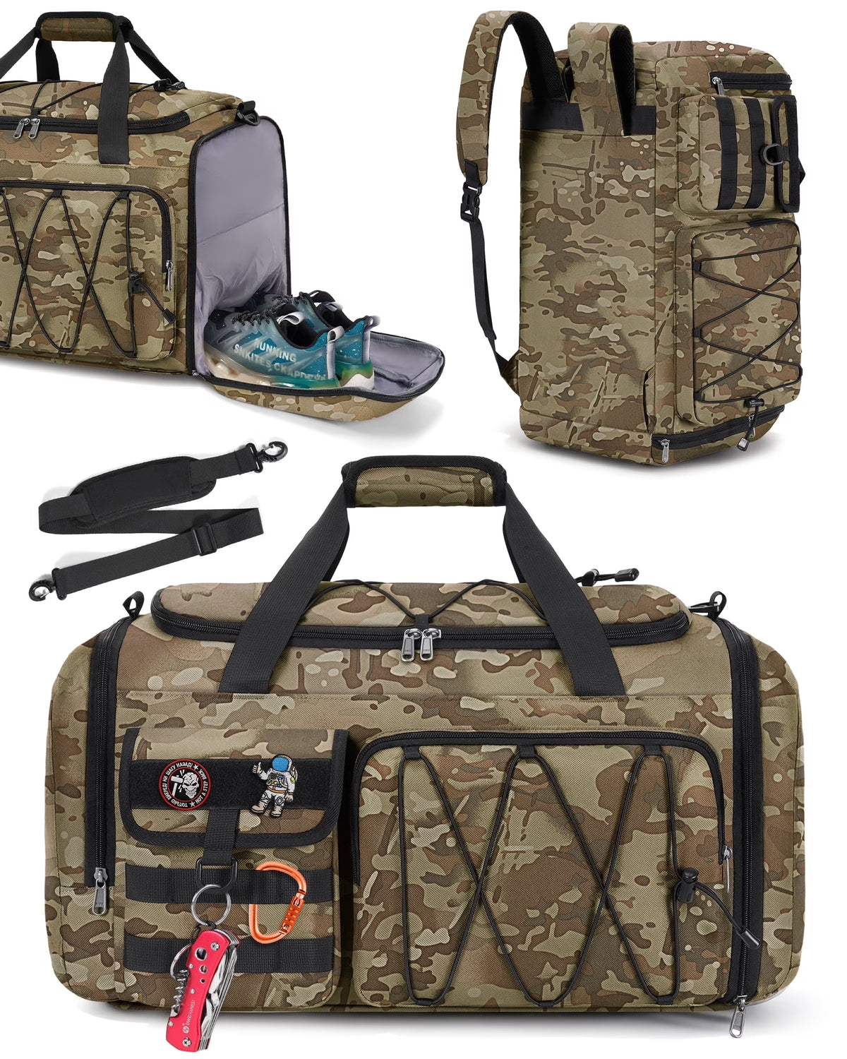 Gym Bag for Men 45L Sports Duffel Bags 3-In-1 Travel Duffel Bag with Shoe Compartment,Gym Workout Backpack Weekender Bag Overnight Bag for Travel, Khaki