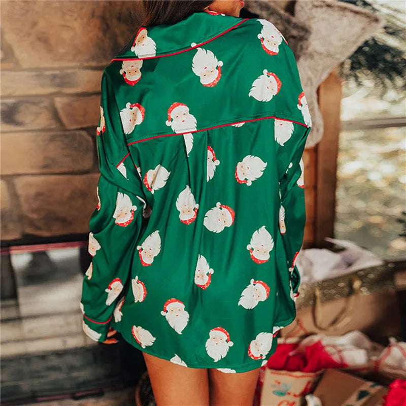 Women Christmas Satin Pajamas Lounge Set Plaid/Santa Print Long Sleeve Shirts Tops and Shorts 2 Piece Loungewear Outfits 2025