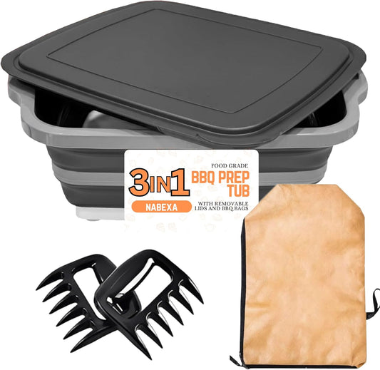 BBQ Prep Tub with Locking Lid, 2 Meat Shredder Claws Collapsible Cutting Board with 3 Adjustable Heights. BBQ Prep Tub & Resting Bag, Multifunction Basin for Kitchen, Grilling, Camping & Picnics.
