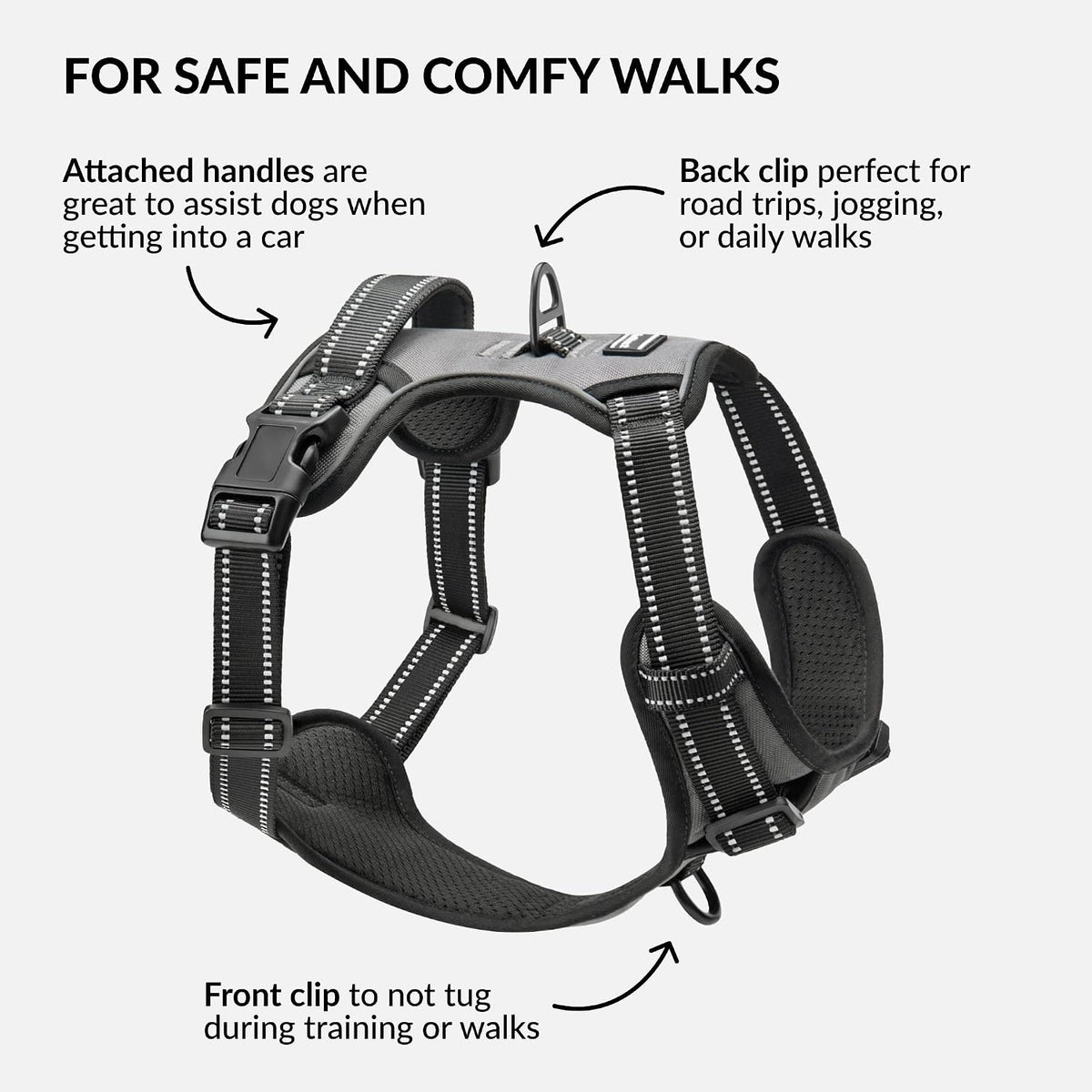 No Pull Reflective Dog Harness with Handle and Front Clip, Adjustible Soft Padded Vest for Small to Large Dogs Training and Walk (Size L, Grey)
