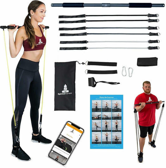 Pilates Bar Home Gym Workout Equipment Kit with Adjustable Resistance Bands for Full-Body Toning and Strength Training