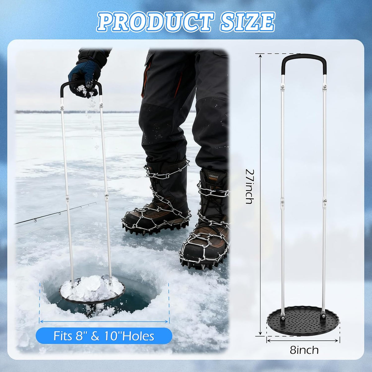 8" Ice Fishing Scoop, Detachable Ice Skimmer for 8" & 10" Holes