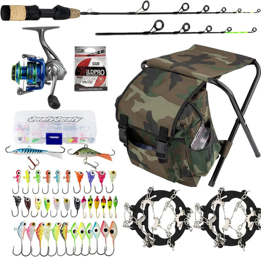 Complete Ice Fishing Rod and Reel Combo Set with Backpack, Seat, Ice Cleats, Jigs, and Line - Available in 24" and 26