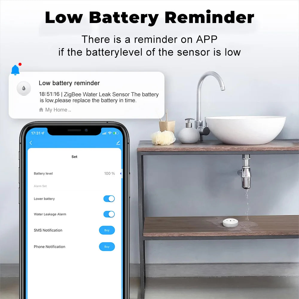 Smart Zigbee Water Sensor Flood Water Leakage Detector App Remote Monitoring Support Home Assistant Zigbee2Mqtt