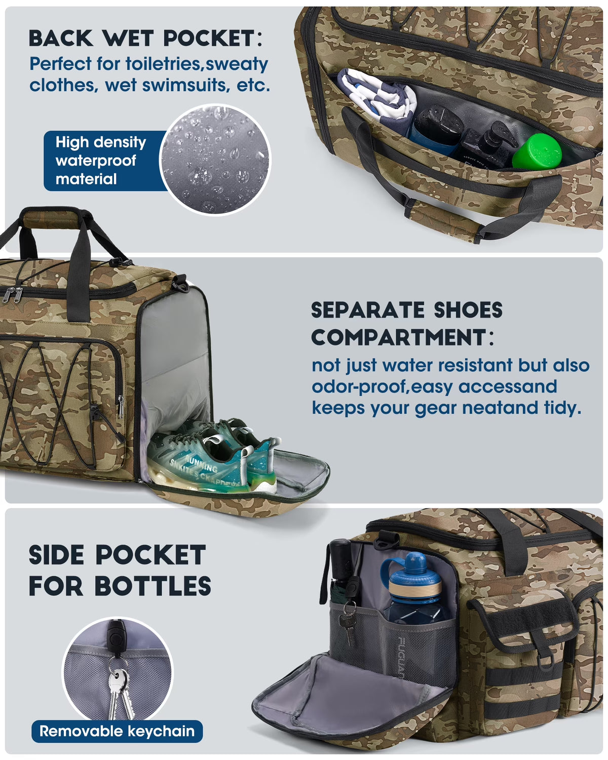 Gym Bag for Men 45L Sports Duffel Bags 3-In-1 Travel Duffel Bag with Shoe Compartment,Gym Workout Backpack Weekender Bag Overnight Bag for Travel, Khaki