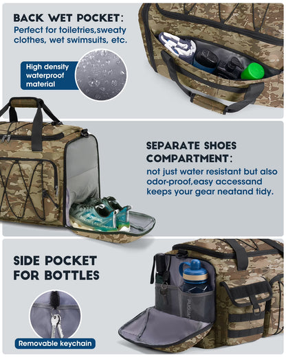 Gym Bag for Men 45L Sports Duffel Bags 3-In-1 Travel Duffel Bag with Shoe Compartment,Gym Workout Backpack Weekender Bag Overnight Bag for Travel, Khaki
