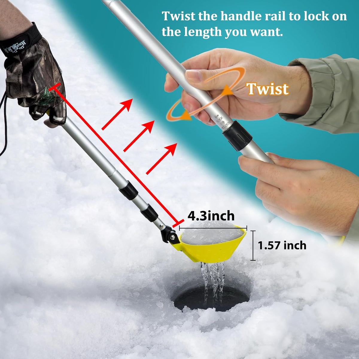 Retractable Ice Fishing Scoop Skimmer, Ice Scooper, Long Length, and Larger Spoon, No More Bending over to Scoop Out Ice While Ice Fishing