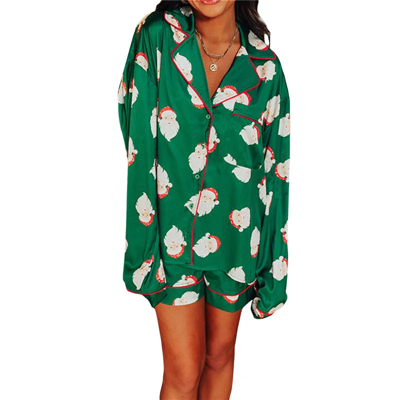 Women Christmas Satin Pajamas Lounge Set Plaid/Santa Print Long Sleeve Shirts Tops and Shorts 2 Piece Loungewear Outfits 2025