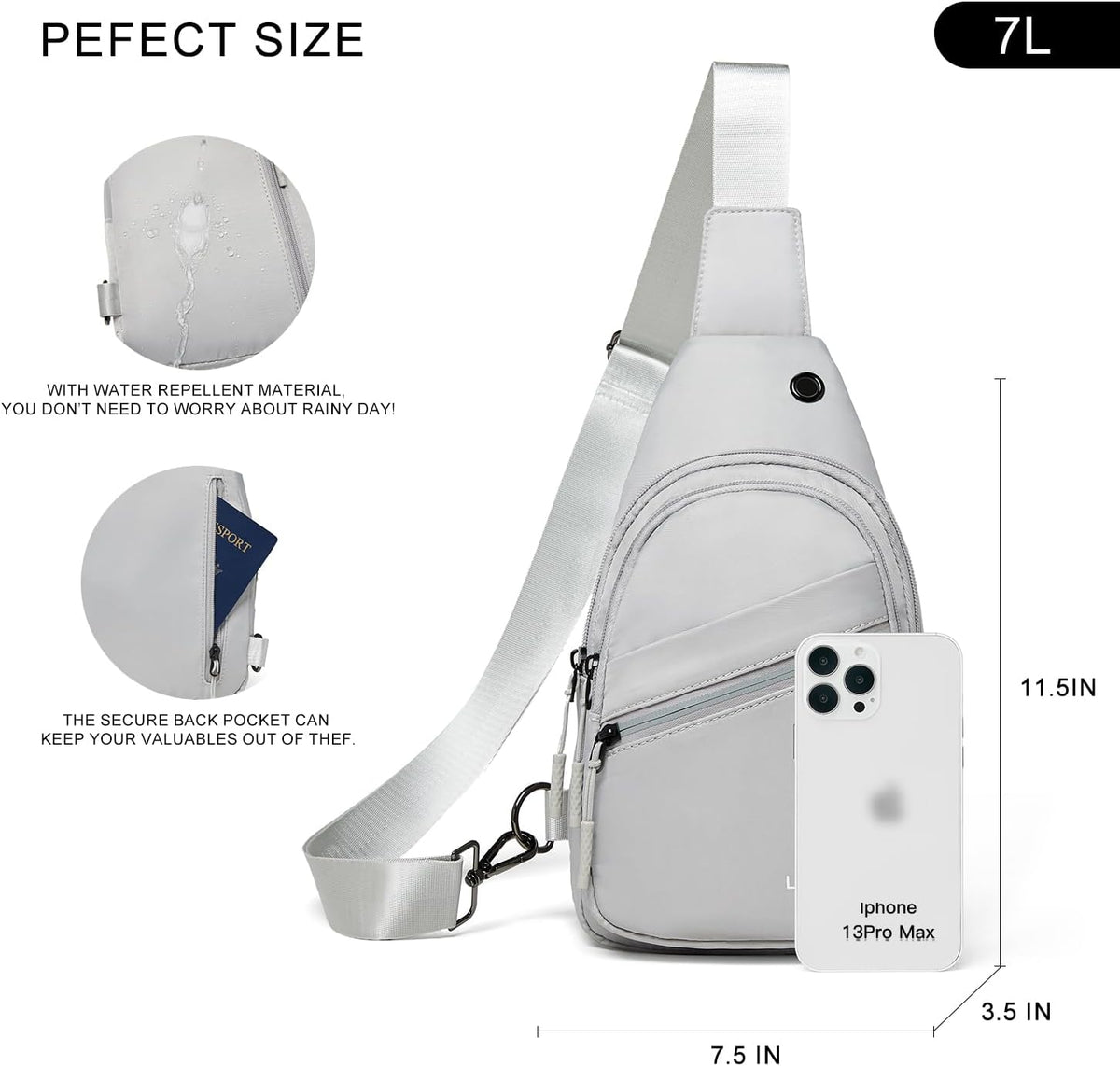 7L Sling Bag for Women Faux Leather anti Theft Small Casual Daypack Backpack Fanny Pack Crossbody Chest Bags Purse Waterproof Light Grey