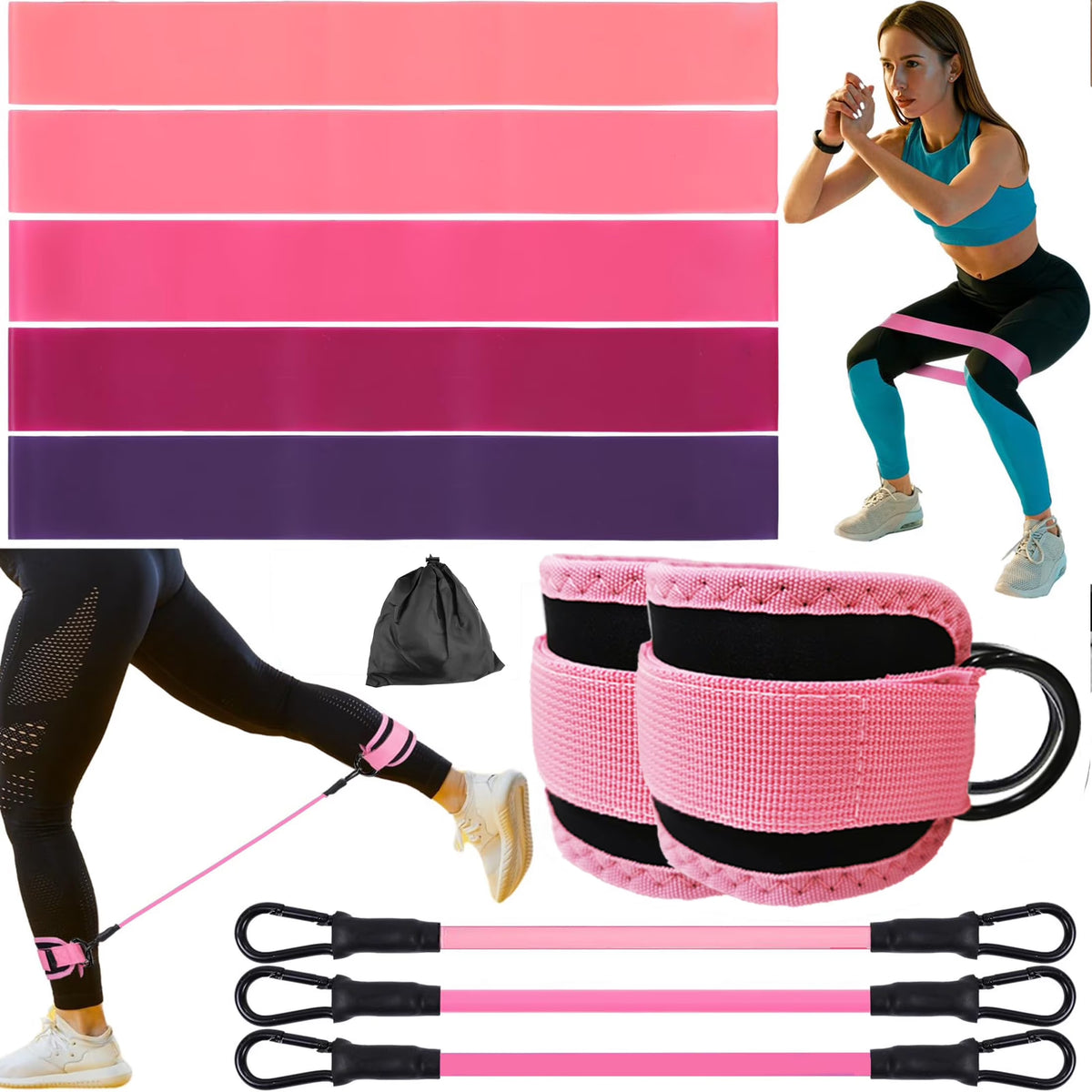 Minzimin Ankle Resistance Bands with Cuffs, Home Gym Workout Equipment, Lifting Glute Butt Exercise Equipment for Women, Ankle Weights Fitness Band Set