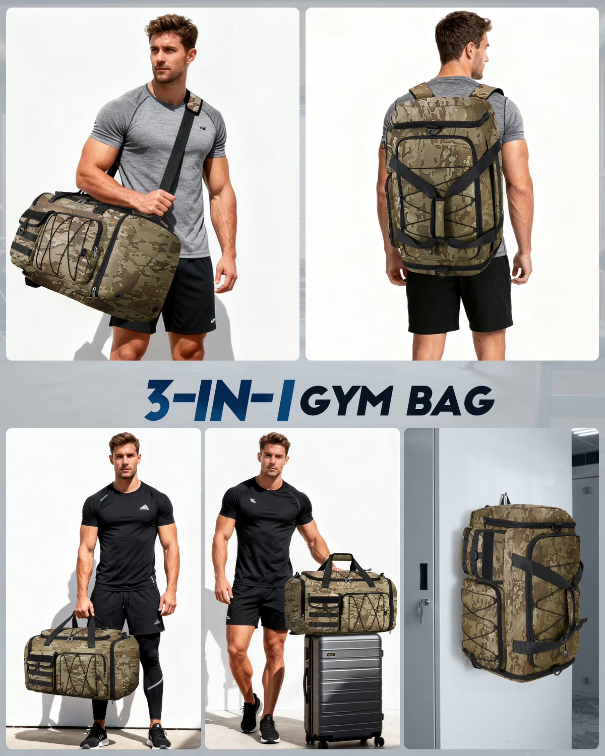 Gym Bag for Men 45L Sports Duffel Bags 3-In-1 Travel Duffel Bag with Shoe Compartment,Gym Workout Backpack Weekender Bag Overnight Bag for Travel, Khaki