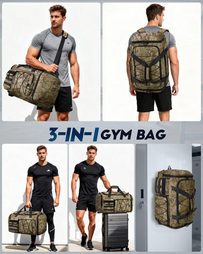 Gym Bag for Men 45L Sports Duffel Bags 3-In-1 Travel Duffel Bag with Shoe Compartment,Gym Workout Backpack Weekender Bag Overnight Bag for Travel, Khaki