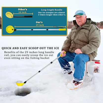 Retractable Ice Fishing Scoop Skimmer, Ice Scooper, Long Length, and Larger Spoon, No More Bending over to Scoop Out Ice While Ice Fishing