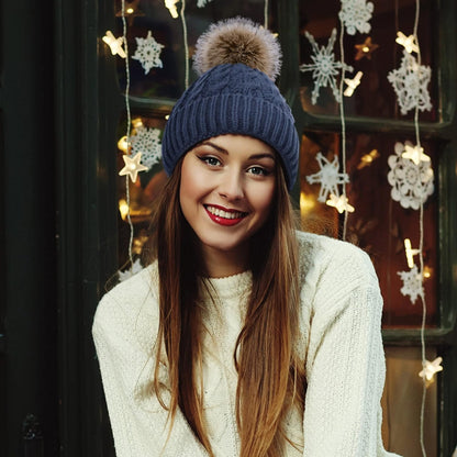 Women'S Winter Soft Knit Beanie Hat with Faux Fur Pom Pom Warm Skull Cap Beanies for Women
