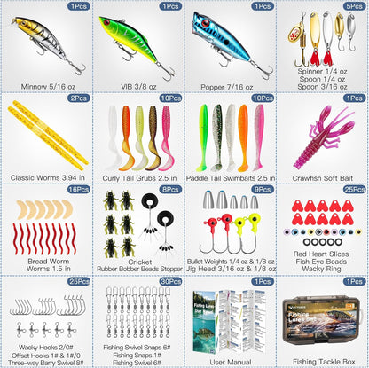 Fishing Lures, Tackle Box with Tackle Included, Crankbaits, Soft Plastic Baits, Hooks, Weights & Fishing Accessories, Freshwater Fishing Gear Kit for Bass, Trout, Walleye & Beginners