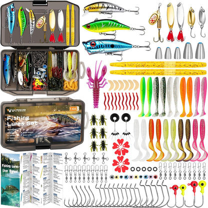 Fishing Lures, Tackle Box with Tackle Included, Crankbaits, Soft Plastic Baits, Hooks, Weights & Fishing Accessories, Freshwater Fishing Gear Kit for Bass, Trout, Walleye & Beginners