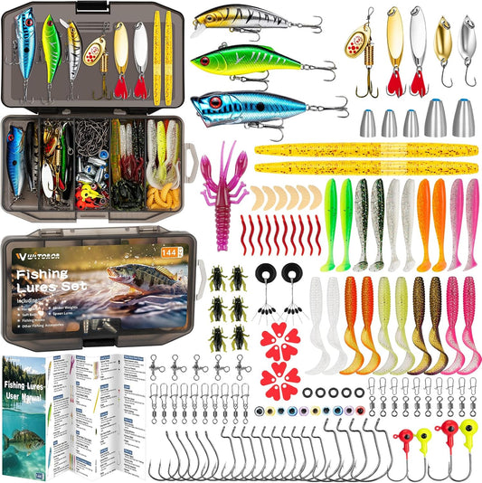 Fishing Lures, Tackle Box with Tackle Included, Crankbaits, Soft Plastic Baits, Hooks, Weights & Fishing Accessories, Freshwater Fishing Gear Kit for Bass, Trout, Walleye & Beginners